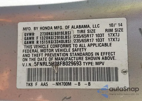 2015 Honda Odyssey Lx from USA, damaged, VIN 5FNRL5H28FB029693